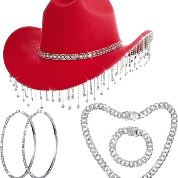 Cowgirl Outfit Felt Cowboy Hat Rhinestone Bling Jewelry Set for Women